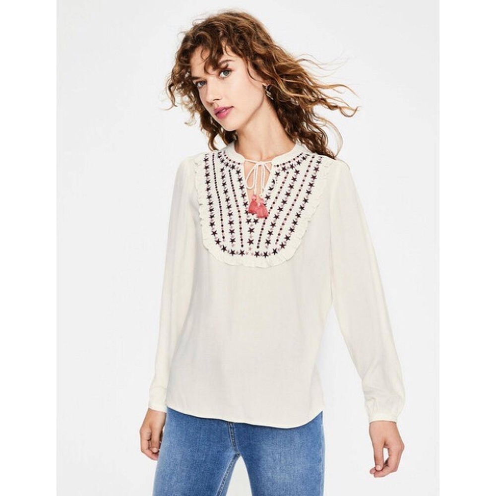Boden 14 Polly Peasant Top Ivory White Embroidered Long Sleeve Tie Neck Boho NEW